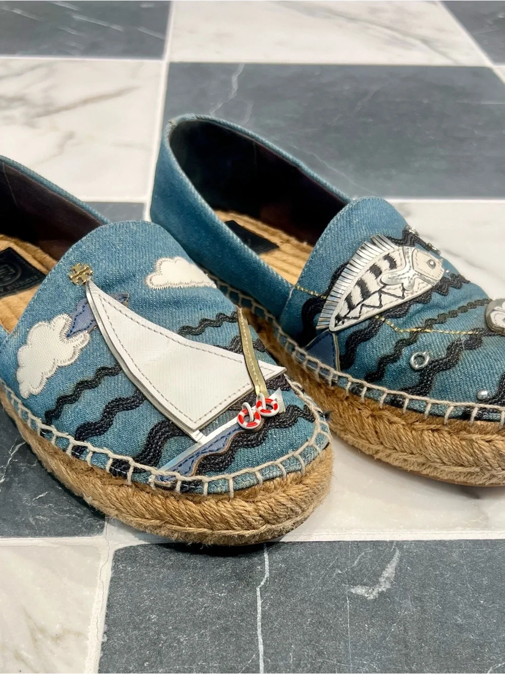 Tory Burch Blue Denim Nautical Espadrilles with Sailboat & Fish Appliqué